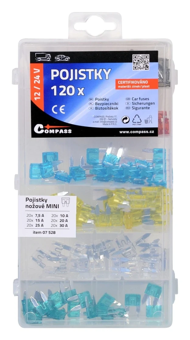 Pojistky nožové MINI sada 120ks 7,5/10/15/20/25/30Amp 07528