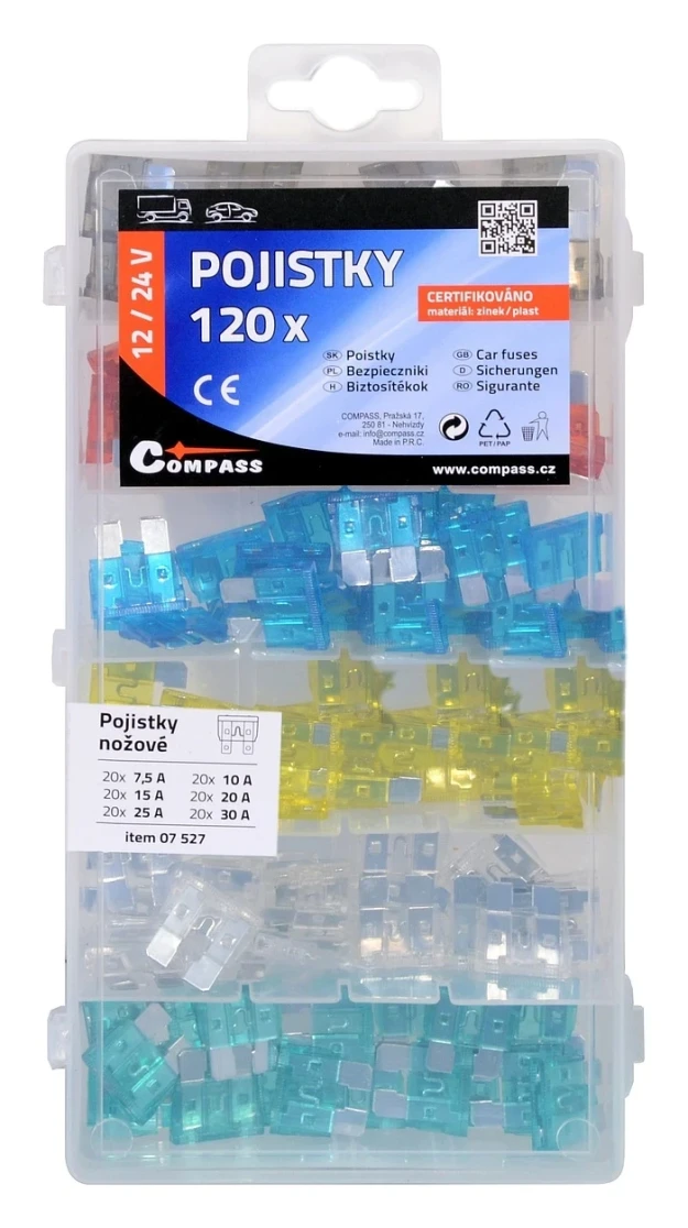 Pojistky nožové sada 120ks 7,5/10/15/20/25/30Amp 07527